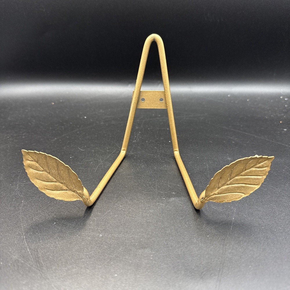 Gold Tone Metal Display Easel Stand w/ Decorative Feet Leaf Leaves 5" Taiwan